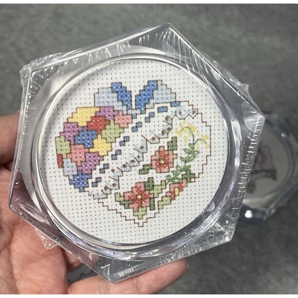Vtg Acrylic Coasters MCG Textiles Cross Stitch Kit Butterfly Heart Rose Lot Of 4 - Picture 4 of 15